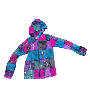 90's Dopamine Festival Embroidered Textured Patchwork Colorblock Zip Up Hoodie